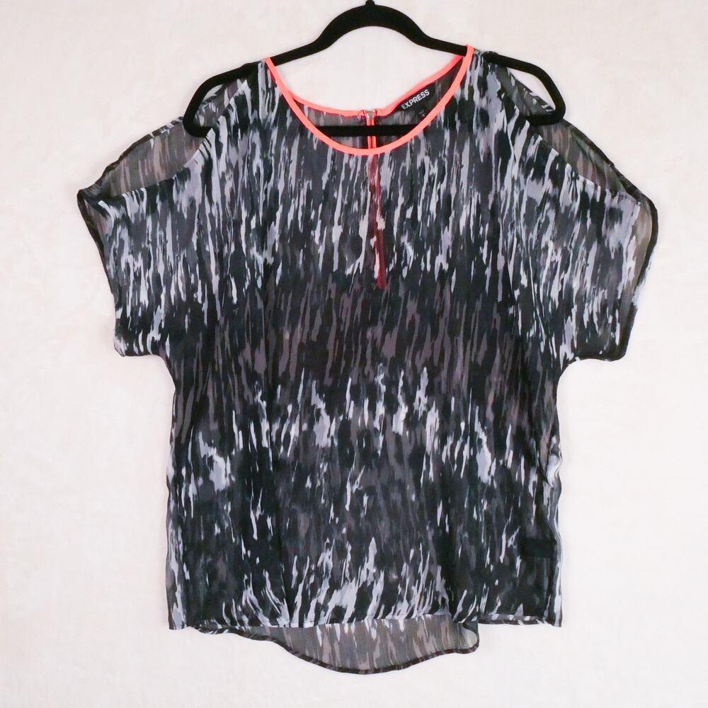 Express Sheer Black & White Tiger Stripe Cold Shoulder Top Size L Neon Pink Trim